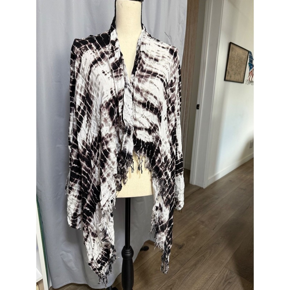Knox Rose Womens Medium Black White Tie Dye Fringed Open Front Crinkle Cardigan